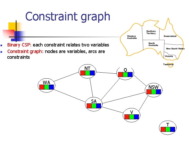 Constraint graph n n Binary CSP: each constraint relates two variables Constraint graph: nodes