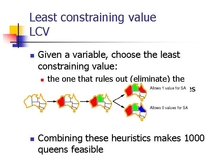 Least constraining value LCV n Given a variable, choose the least constraining value: n