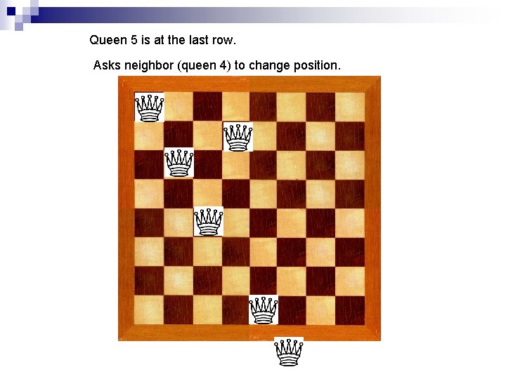 Queen 5 is at the last row. Asks neighbor (queen 4) to change position.