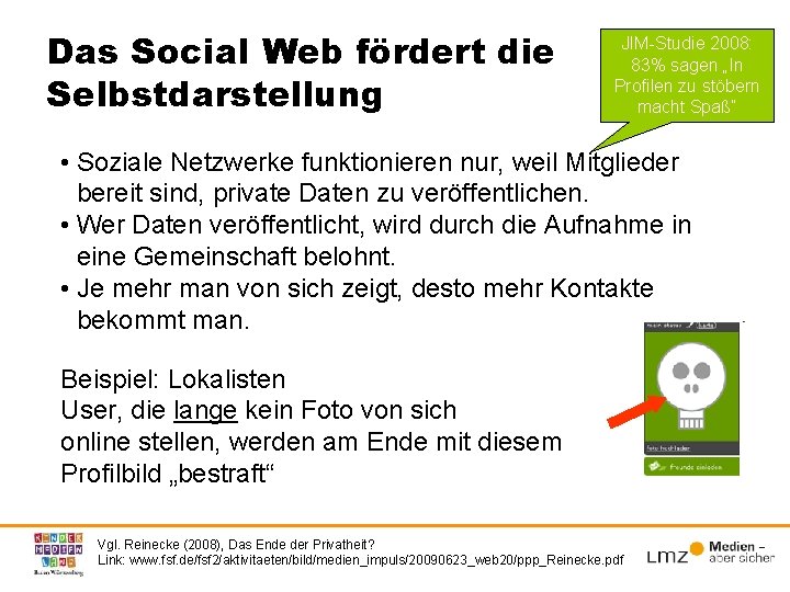 Das Social Web fördert die Selbstdarstellung JIM-Studie 2008: 83% sagen „In Profilen zu stöbern