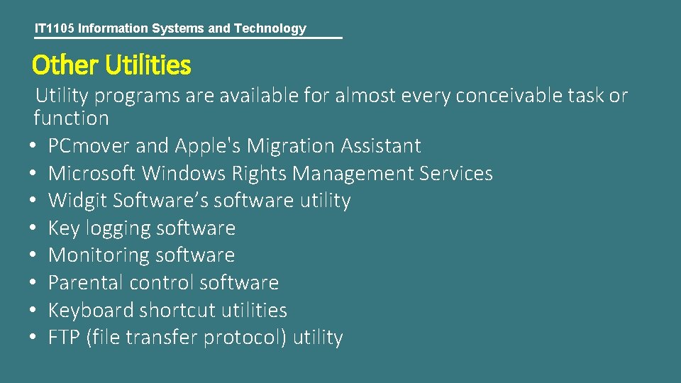 IT 1105 Information Systems and Technology Other Utilities Utility programs are available for almost