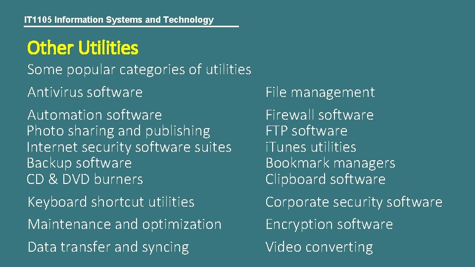 IT 1105 Information Systems and Technology Other Utilities Some popular categories of utilities Antivirus
