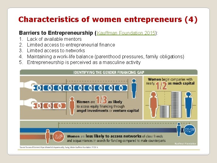 Characteristics of women entrepreneurs (4) Barriers to Entrepreneurship ( Kauffman Foundation 2015): 1. 2.