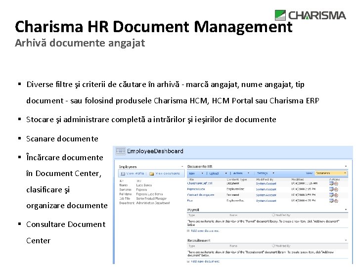 Charisma HR Document Management Arhivă documente angajat § Diverse filtre şi criterii de căutare