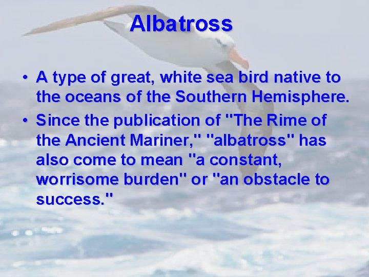 Albatross • A type of great, white sea bird native to the oceans of