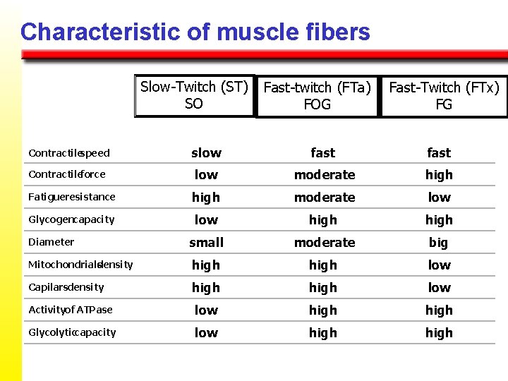 Characteristic of muscle fibers Slow-Twitch (ST) SO Fast-twitch (FTa) FOG Fast-Twitch (FTx) FG Contractilespeed