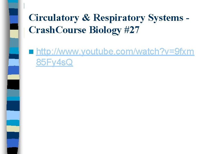 Circulatory & Respiratory Systems Crash. Course Biology #27 n http: //www. youtube. com/watch? v=9