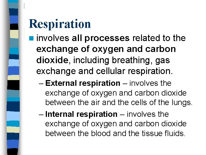 Respiration n involves all processes related to the exchange of oxygen and carbon dioxide,