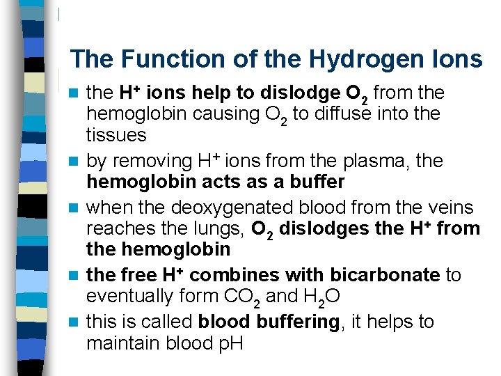 The Function of the Hydrogen Ions n n n the H+ ions help to
