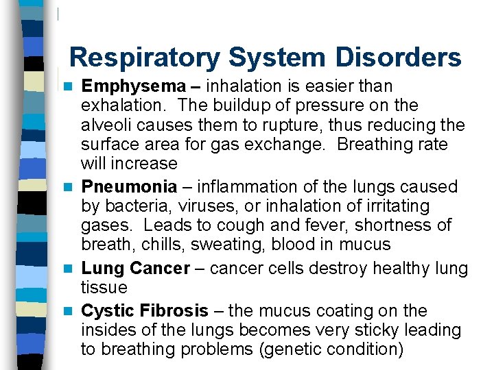 Respiratory System Disorders Emphysema – inhalation is easier than exhalation. The buildup of pressure
