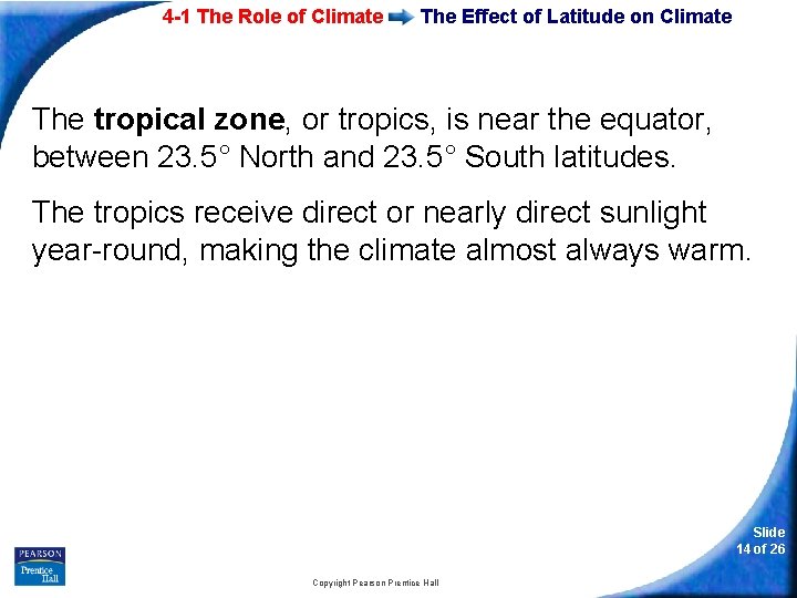 4 -1 The Role of Climate The Effect of Latitude on Climate The tropical