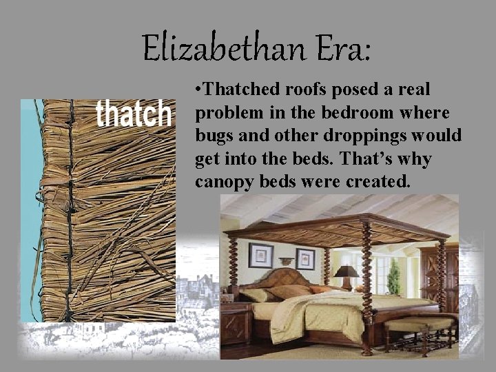 Elizabethan Era: • Thatched roofs posed a real problem in the bedroom where bugs