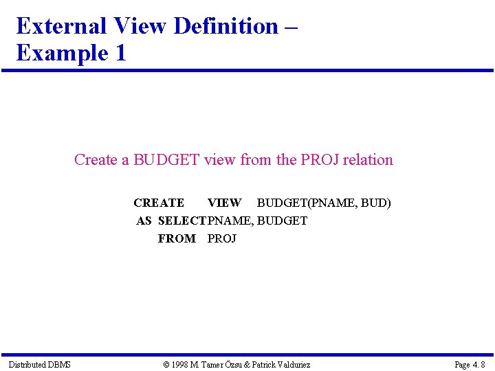 External View Definition – Example 1 Create a BUDGET view from the PROJ relation