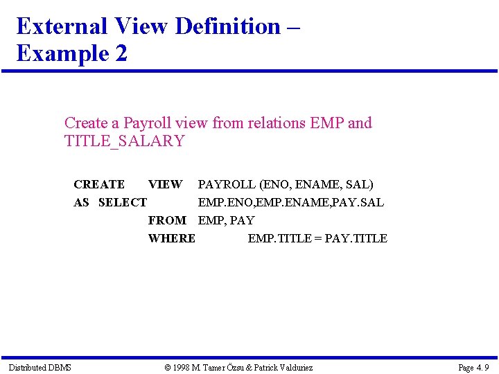 External View Definition – Example 2 Create a Payroll view from relations EMP and