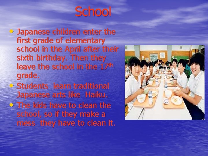 School • Japanese children enter the • • first grade of elementary school in