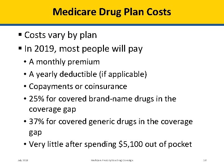 Medicare Drug Plan Costs vary by plan In 2019, most people will pay A