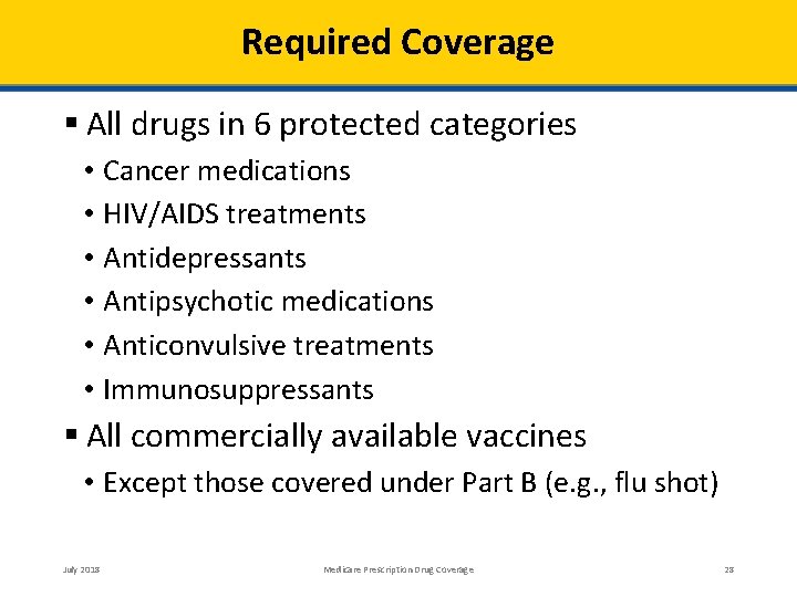 Required Coverage All drugs in 6 protected categories • • • Cancer medications HIV/AIDS