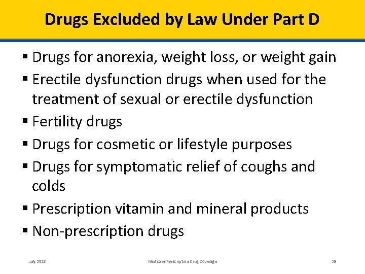 Drugs Excluded by Law Under Part D Drugs for anorexia, weight loss, or weight