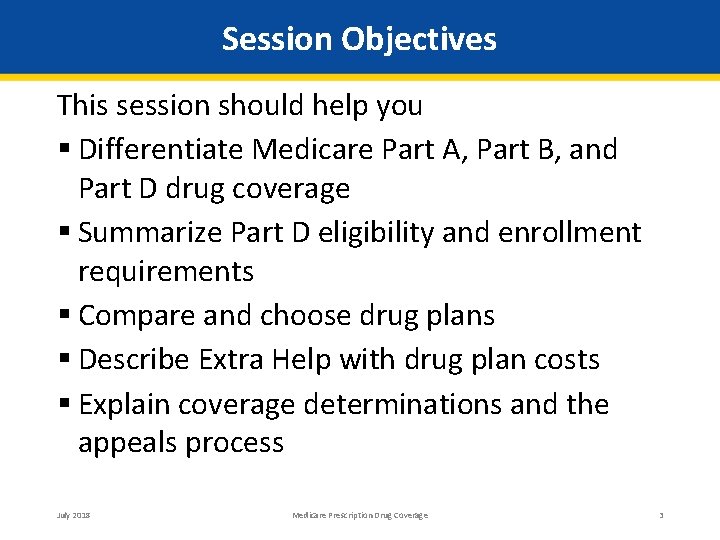Session Objectives This session should help you Differentiate Medicare Part A, Part B, and