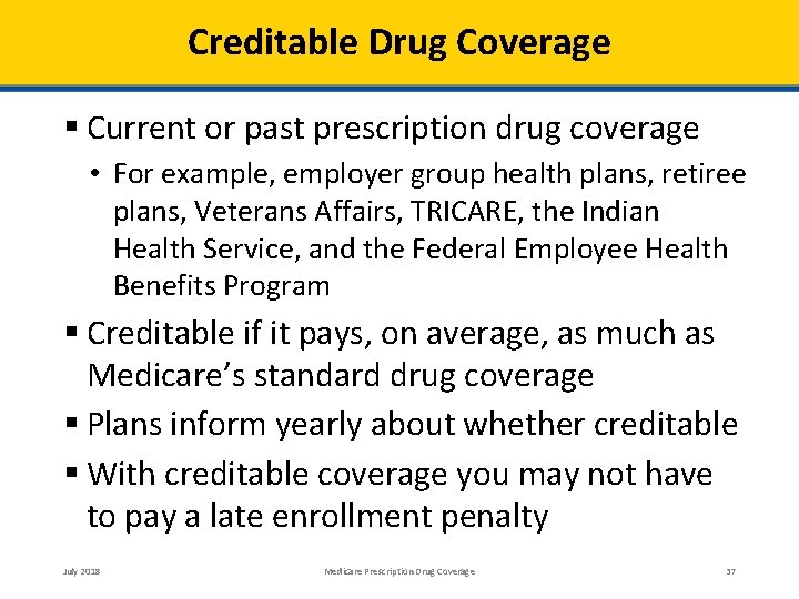 Creditable Drug Coverage Current or past prescription drug coverage • For example, employer group