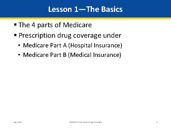 Lesson 1—The Basics The 4 parts of Medicare Prescription drug coverage under • Medicare
