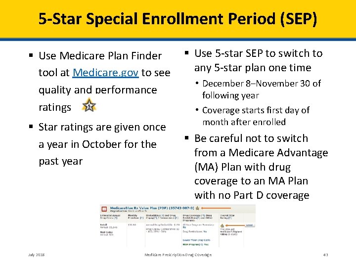 5 -Star Special Enrollment Period (SEP) Use 5‐star SEP to switch to Use Medicare