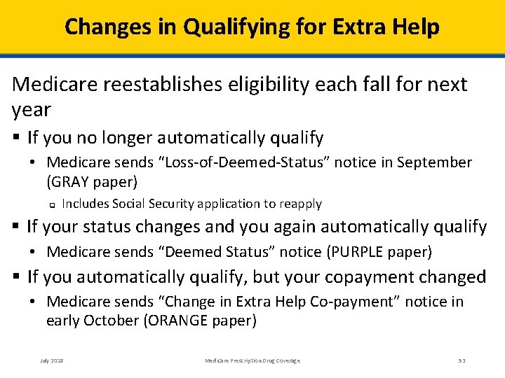 Changes in Qualifying for Extra Help Medicare reestablishes eligibility each fall for next year