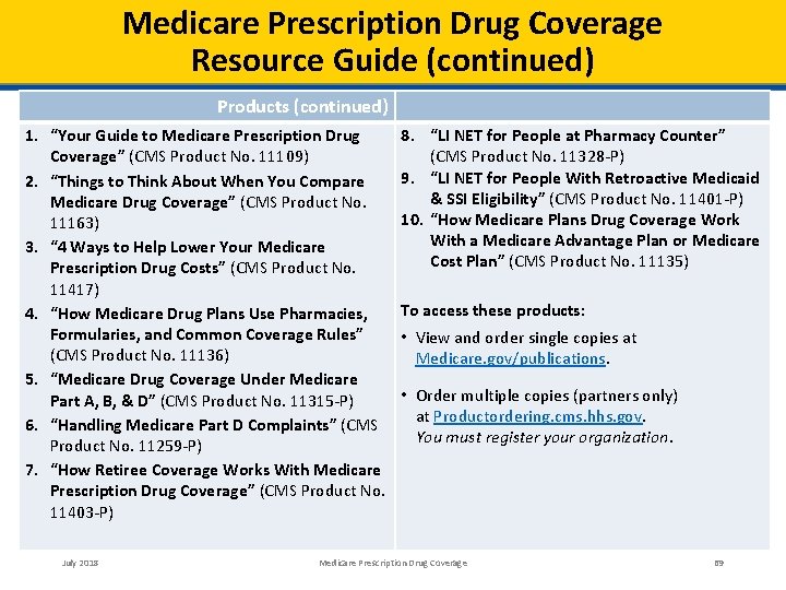 Medicare Prescription Drug Coverage Resource Guide (continued) Products (continued) 1. “Your Guide to Medicare