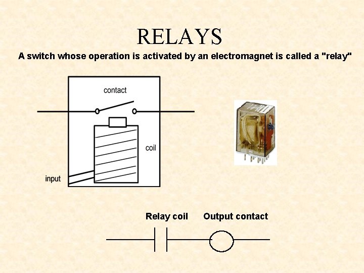 RELAYS A switch whose operation is activated by an electromagnet is called a "relay"