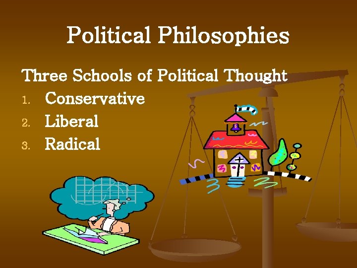 Political Philosophies Three Schools of Political Thought 1. Conservative 2. Liberal 3. Radical 