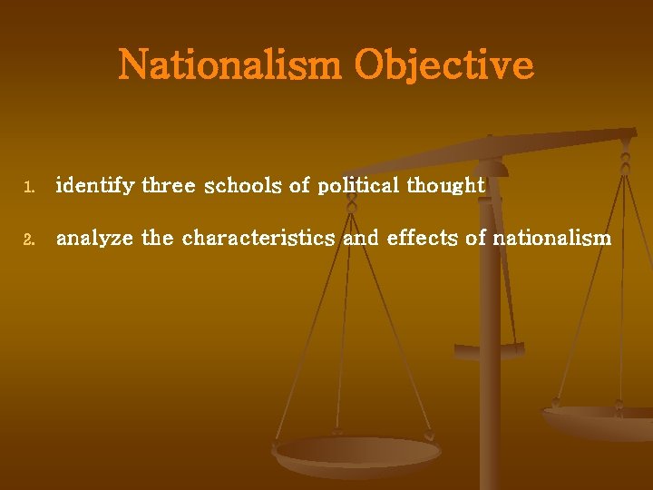 Nationalism Objective 1. identify three schools of political thought 2. analyze the characteristics and
