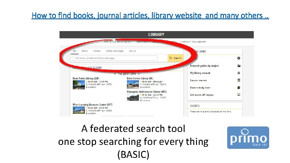 How to find books, journal articles, library website and many others. . A federated