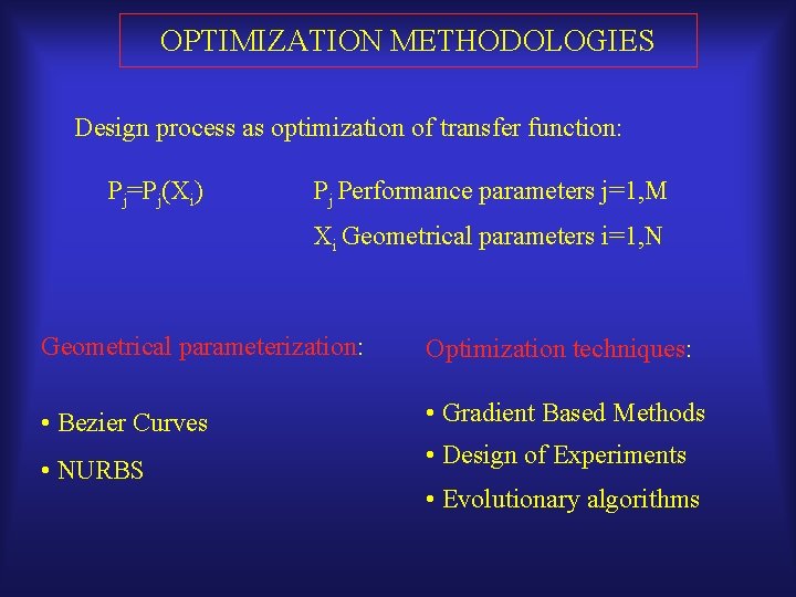 OPTIMIZATION METHODOLOGIES Design process as optimization of transfer function: Pj=Pj(Xi) Pj Performance parameters j=1,