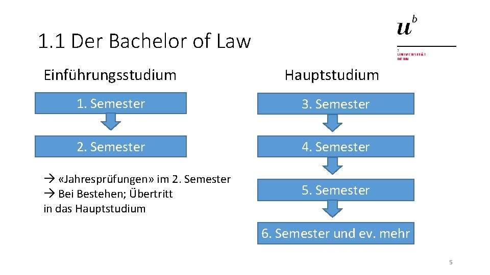 1. 1 Der Bachelor of Law Einführungsstudium Hauptstudium 1. Semester 3. Semester 2. Semester