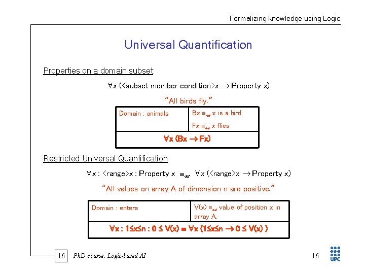 Formalizing knowledge using Logic Universal Quantification Properties on a domain subset: x (<subset member