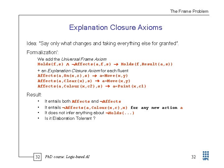 The Frame Problem Explanation Closure Axioms Idea: “Say only what changes and taking everything