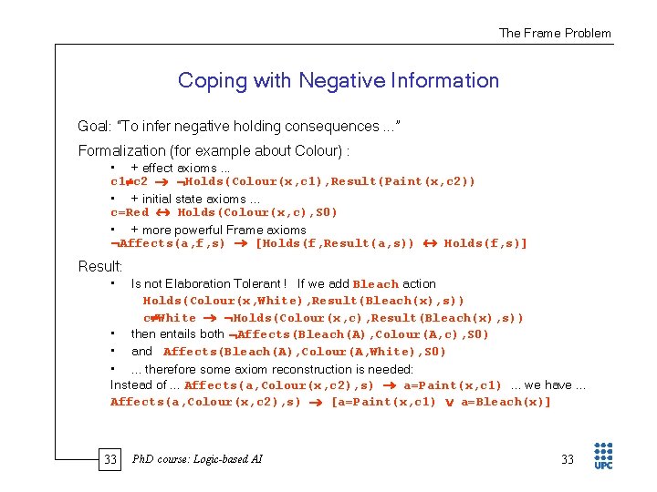 The Frame Problem Coping with Negative Information Goal: “To infer negative holding consequences. .