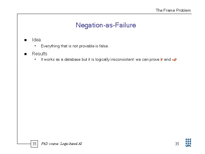 The Frame Problem Negation as Failure n Idea • n Everything that is not