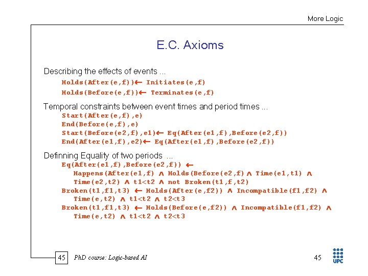 More Logic E. C. Axioms Describing the effects of events. . . Holds(After(e, f))