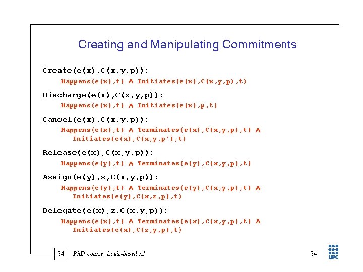 Creating and Manipulating Commitments Create(e(x), C(x, y, p)): Happens(e(x), t) Initiates(e(x), C(x, y, p),