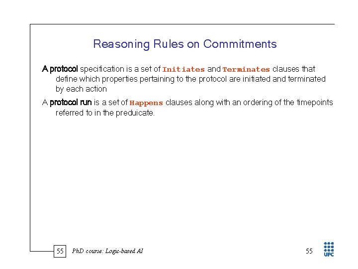 Reasoning Rules on Commitments A protocol specification is a set of Initiates and Terminates