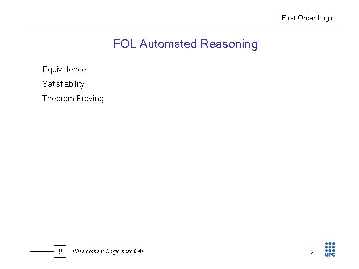 First Order Logic FOL Automated Reasoning Equivalence Satisfiability Theorem Proving 9 Ph. D course: