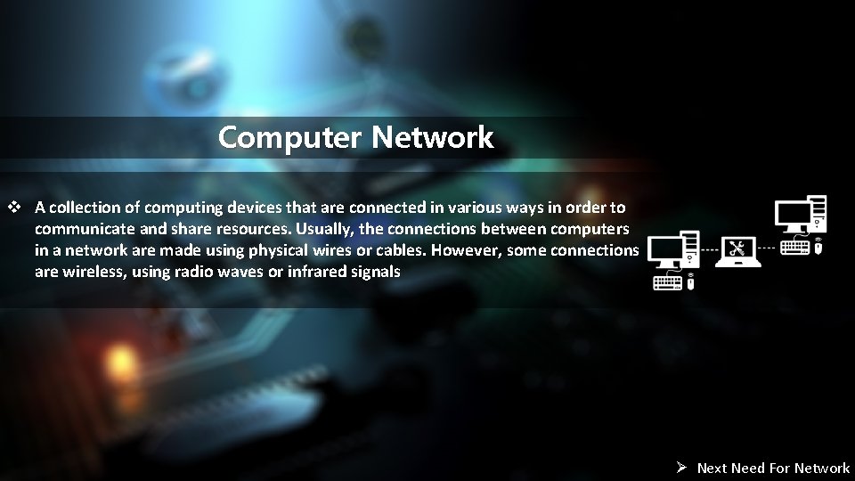 Computer Network v A collection of computing devices that are connected in various ways