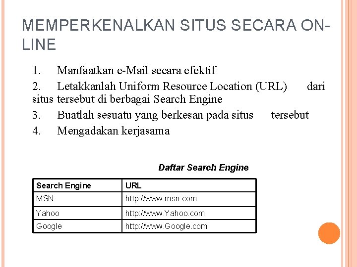 MEMPERKENALKAN SITUS SECARA ONLINE 1. Manfaatkan e-Mail secara efektif 2. Letakkanlah Uniform Resource Location