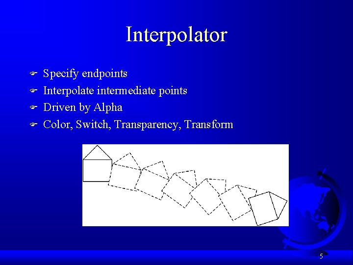 Interpolator F F Specify endpoints Interpolate intermediate points Driven by Alpha Color, Switch, Transparency,
