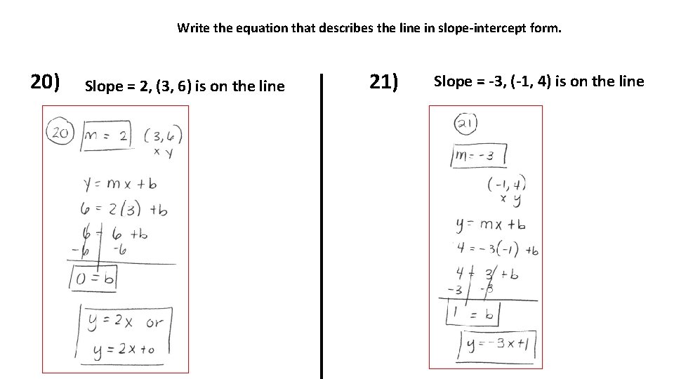 Write the equation that describes the line in slope-intercept form. 20) Slope = 2,