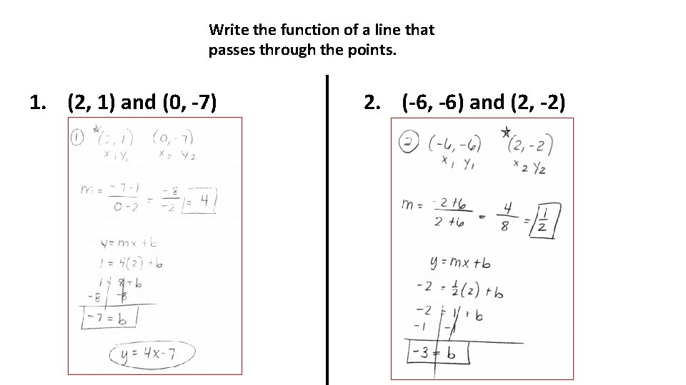 Write the function of a line that passes through the points. 1. (2, 1)