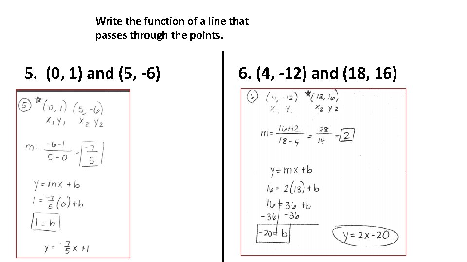 Write the function of a line that passes through the points. 5. (0, 1)