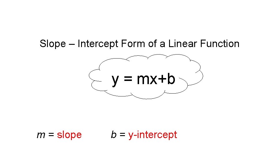 Slope – Intercept Form of a Linear Function y = mx+b m = slope