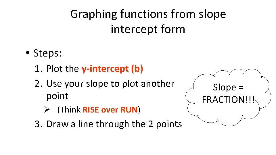 Graphing functions from slope intercept form • Steps: 1. Plot the y-intercept (b) 2.